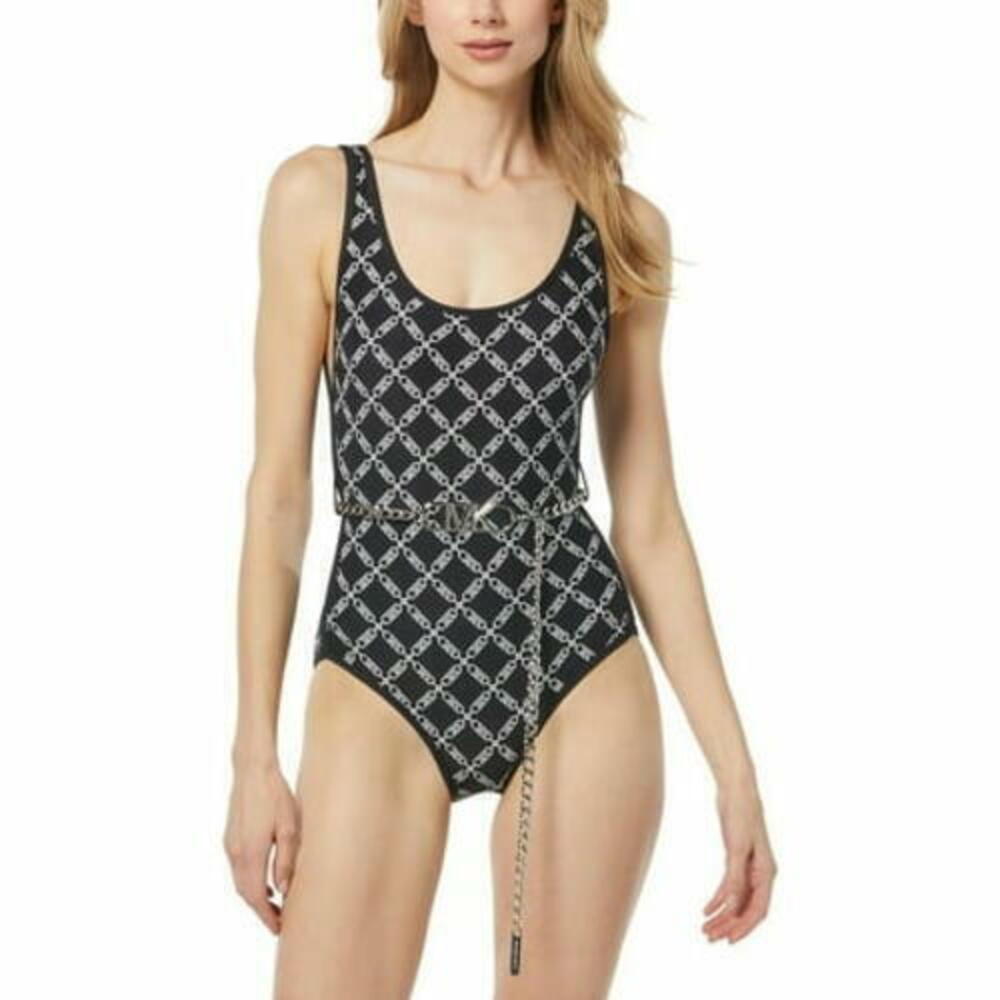 Michael Kors Women's Blsck/White Belted One-Piece Swimsuit 6 NWT